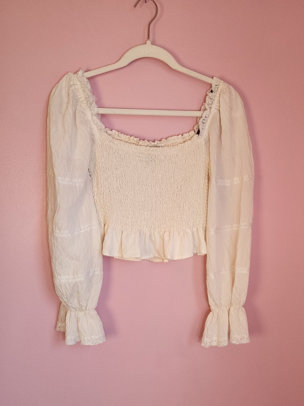 White Smocked Billow Sleeve Off Shoulder Blouse Medium Boho Prairie Renaissance